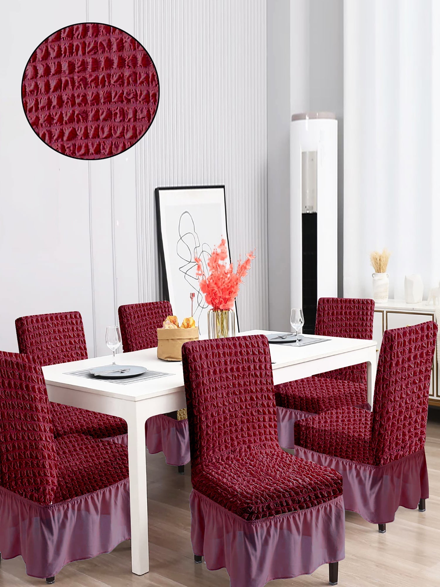 Pack of Stretchable Dining Chair Cover with Frill Maroon