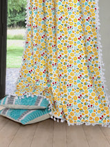 Cotton Printed Boho Light Filtering Long Door Curtain with Lace- Navy Blue (Pack of 2)