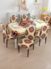 Stretchable Printed Table Cover & Dining Chair Cover Set Cream