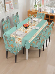 Stretchable Printed Table Cover & Dining Chair Cover Set Teal