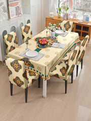 Stretchable Printed Table Cover & Dining Chair Cover Set Cream and Green