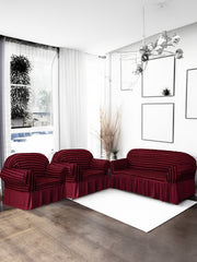 Elastic StretchableFrill 3 Seater Combo Sofa Cover-Maroon