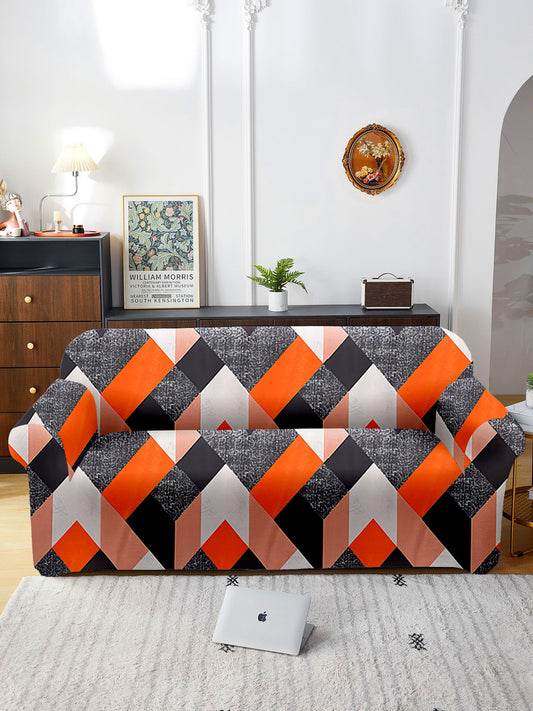 Elastic Stretchable Universal Printed Sofa Cover 3 Seater- Orange