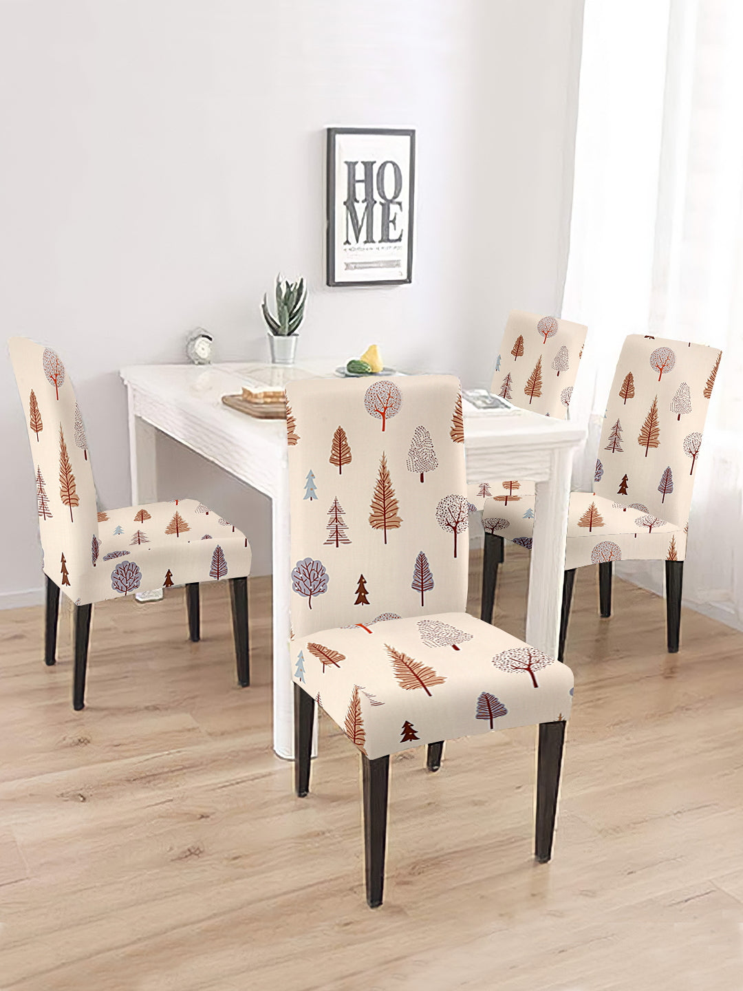 Stretchable DiningPrinted Chair Cover Set-4 Cream