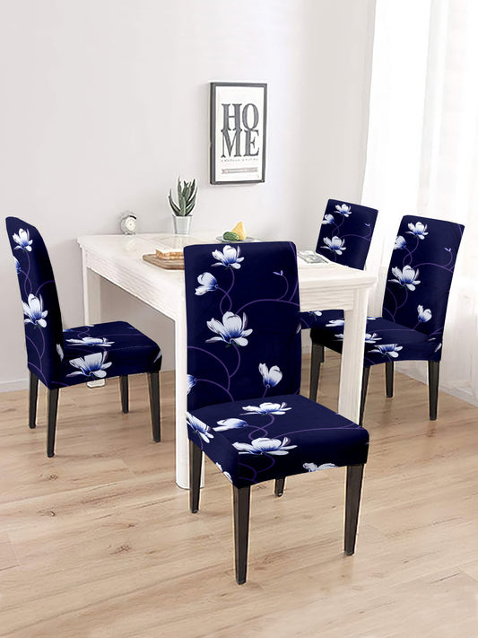 Stretchable DiningPrinted Chair Cover Set-4 Navy Blue