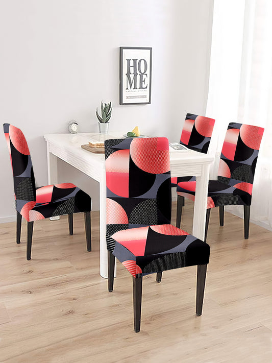 Stretchable DiningPrinted Chair Cover Set-4 Red