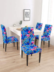 Stretchable DiningPrinted Chair Cover Set-4 Blue