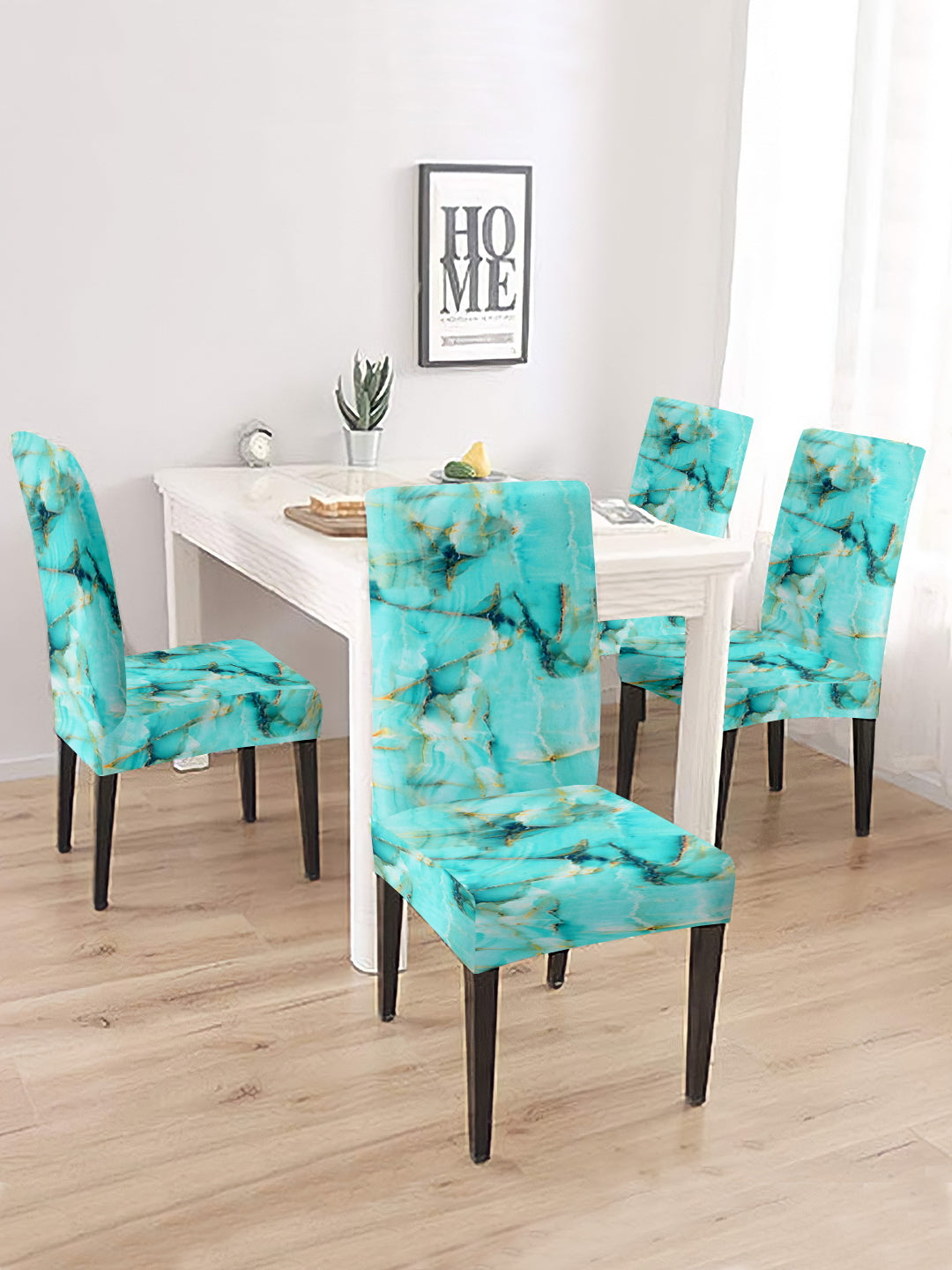 Stretchable DiningPrinted Chair Cover Set-4 Turquoise