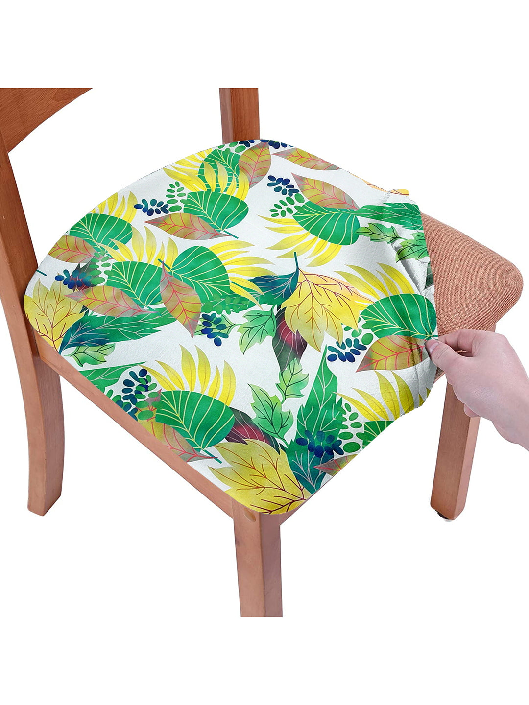 Stretchable Floral Printed Non Slip Chair Pad Cover Pack of 6- Green