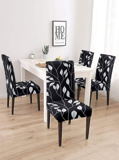 Elastic Floral Printed Non-Slip Dining Chair Covers Set of 4 - Black