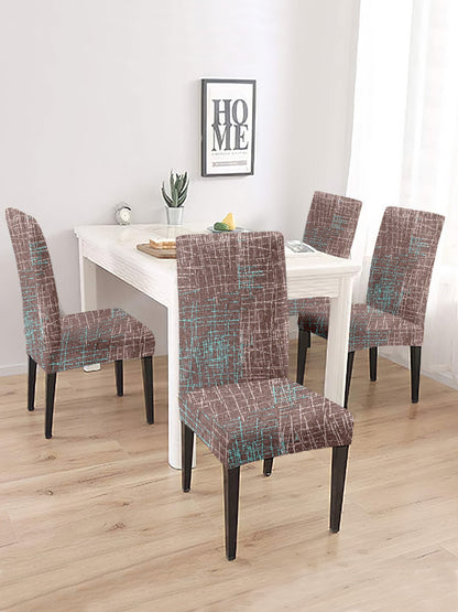 Stretchable DiningPrinted Chair Cover Set-4 Brown