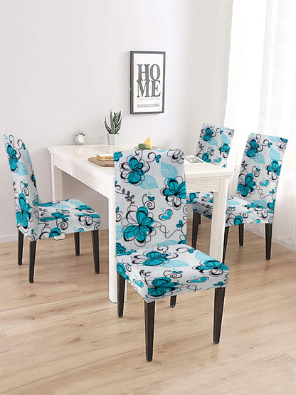 Stretchable DiningPrinted Chair Cover Set-4 Blue & White