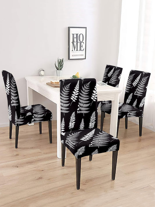 Stretchable Dining Chair Cover Leaf Printed Set of 2 - Black