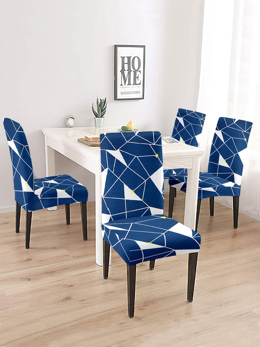 Stretchable DiningPrinted Chair Cover Set-4 Navy Blue
