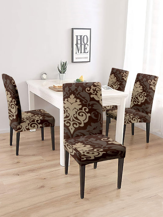 Stretchable Dining Chair Cover Ethnic Motif Printed Set of 2 - Brown