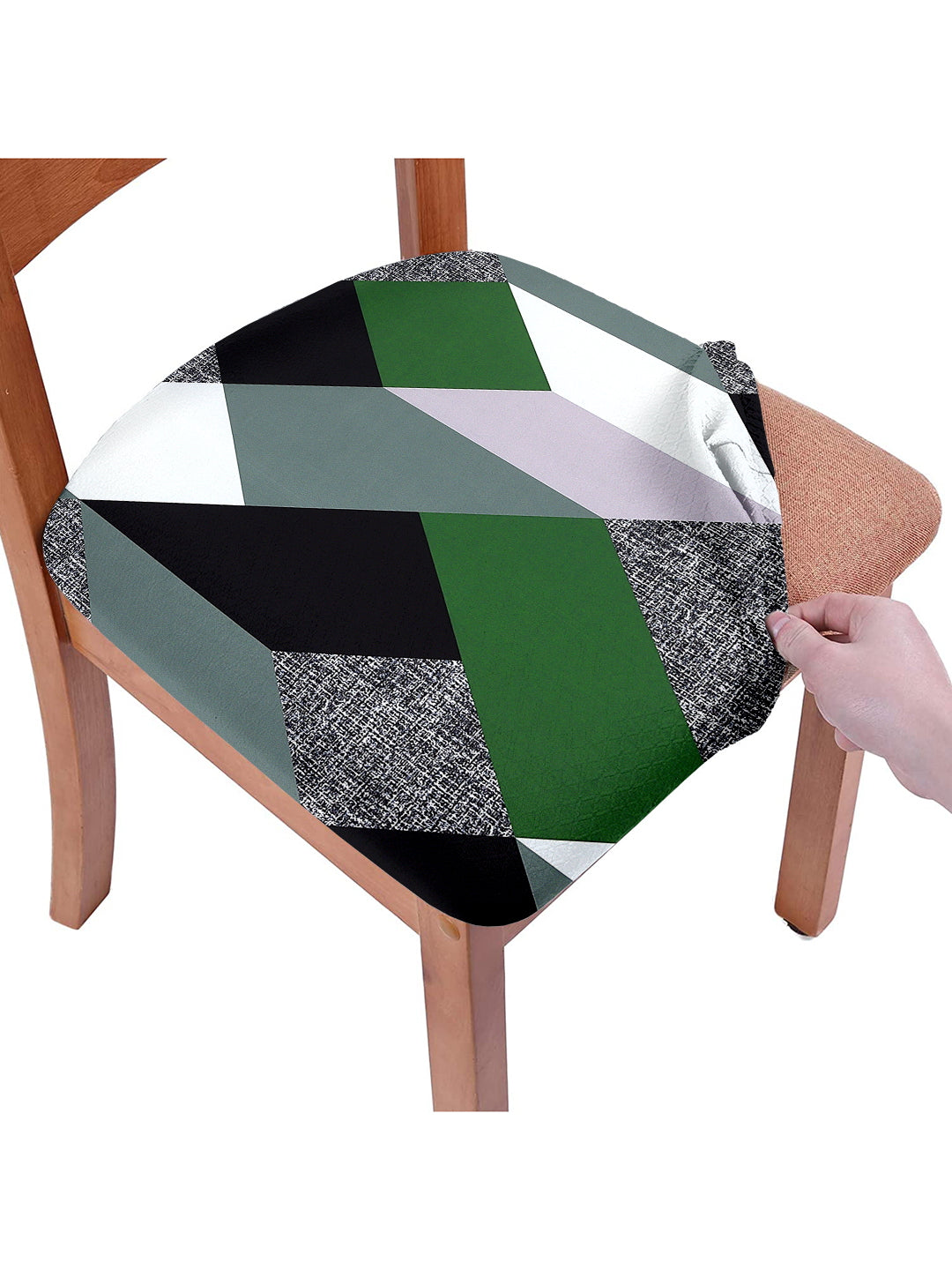 Stretchable Geometric Printed Non Slip Chair Pad Cover Pack of 6- Green