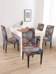 Stretchable Non Slip Dining Chair Cover Ethnic Printed Set of 4 - Multicolour