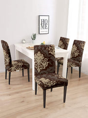 Stretchable DiningPrinted Chair Cover Set-4Brown