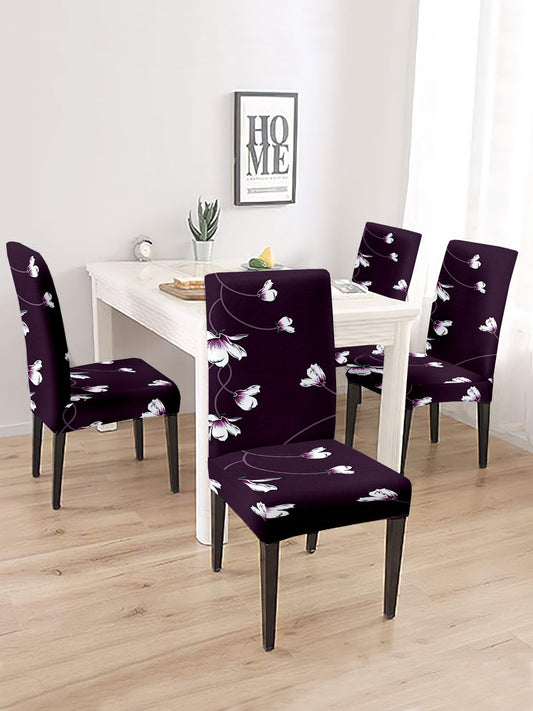 Stretchable Dining Chair Cover Floral Printed Set of 2 - Purple
