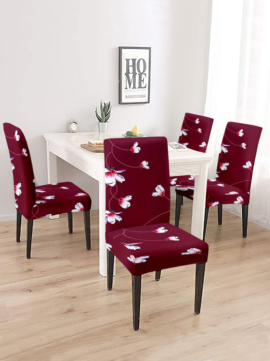 Stretchable DiningPrinted Chair Cover Set-4 Maroon