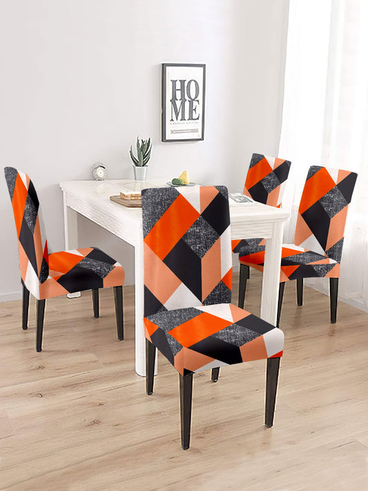 Stretchable DiningPrinted Chair Cover Set-4 Orange