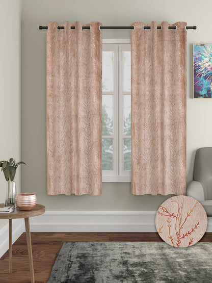 Set of 2 Velvet Foil Blackout Window Curtains with 5 Cushion Covers- Beige