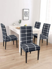 Elastic Checks Printed Non-Slip Dining Chair Covers Set of 2 - Grey