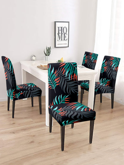 dining-chair-cover-set-of-4-black-green-leaf-printed