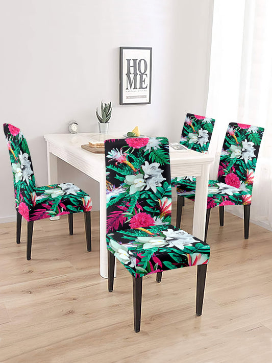 Elastic Floral Printed Non-Slip Dining Chair Covers Set of 4 - Multicolour