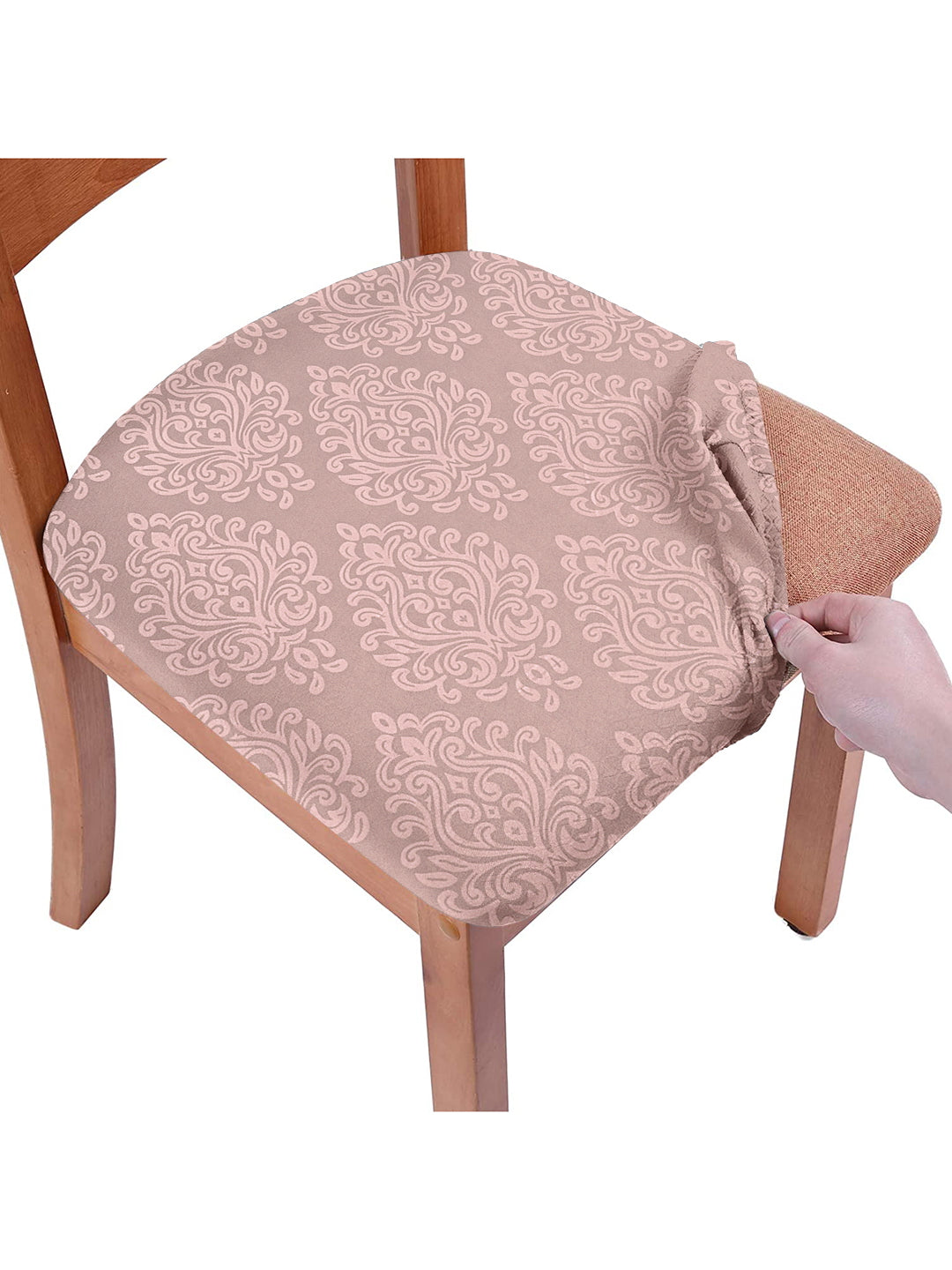 Stretchable Ethnic Printed Non Slip Chair Pad Cover Pack of 6- Pink