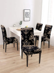 Stretchable DiningPrinted Chair Cover Set-4 Black & Beige