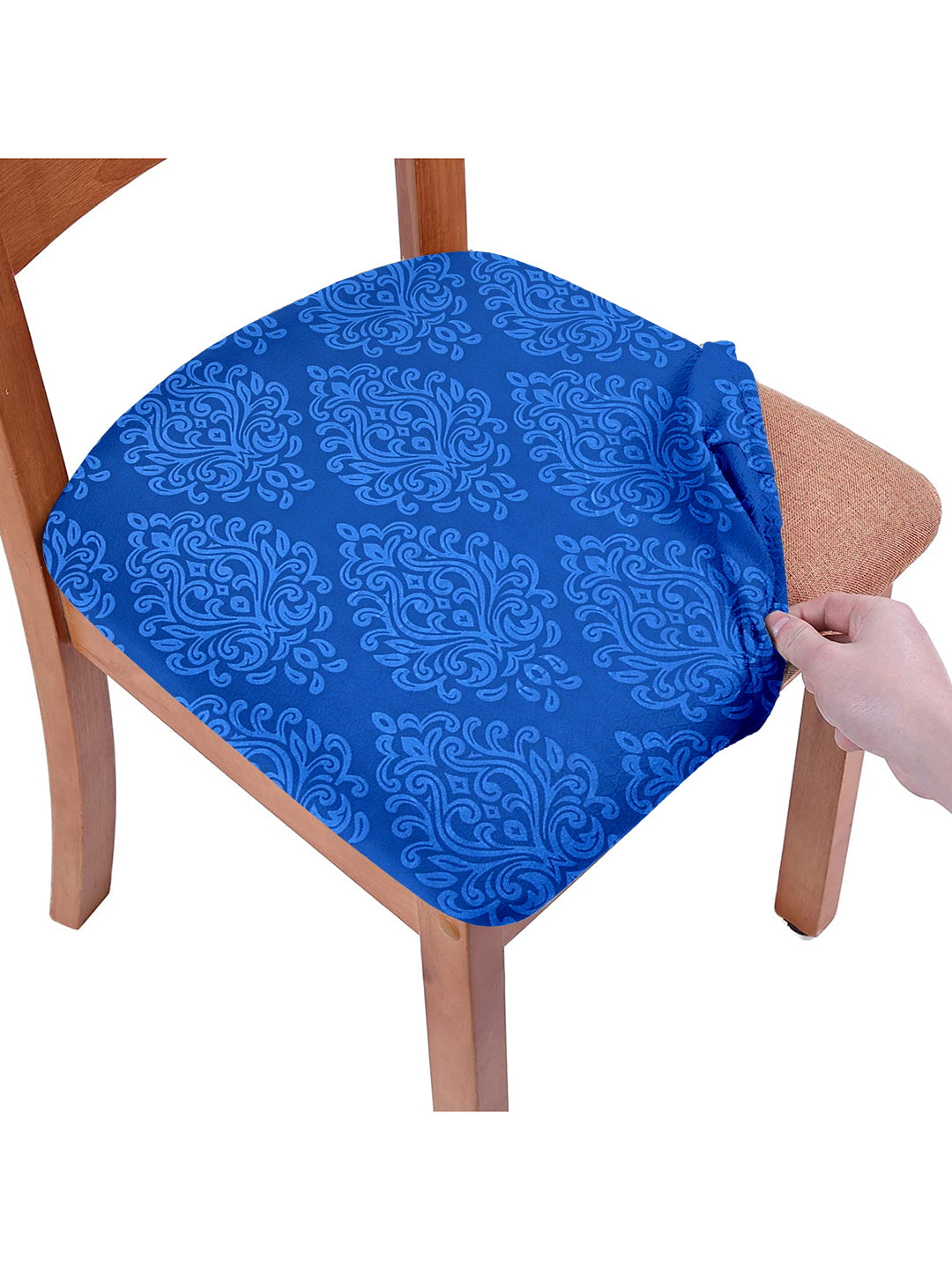 Stretchable Ethnic Printed Non Slip Chair Pad Cover Pack of 6- Blue