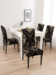 Stretchable DiningPrinted Chair Cover Set-4 Brown