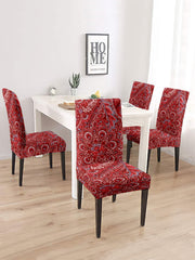 Stretchable DiningPrinted Chair Cover Set-4 Maroon