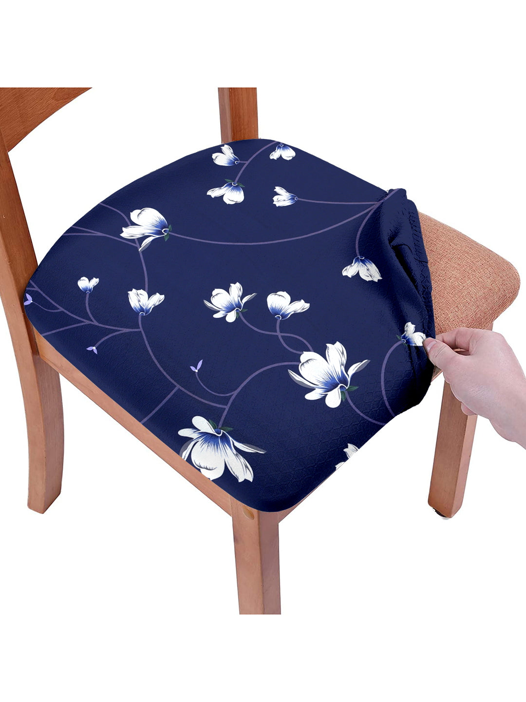 Stretchable Floral Printed Non Slip Chair Pad Cover Pack of 1- Navy Blue