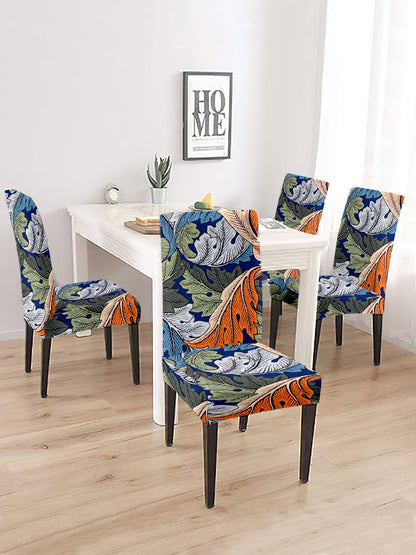 Stretchable Non Slip Dining Chair Cover Leaf Printed Set of 2 - Multicolour