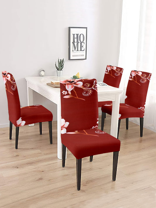 Elastic Floral Printed Non-Slip Dining Chair Covers Set of 4 - Red