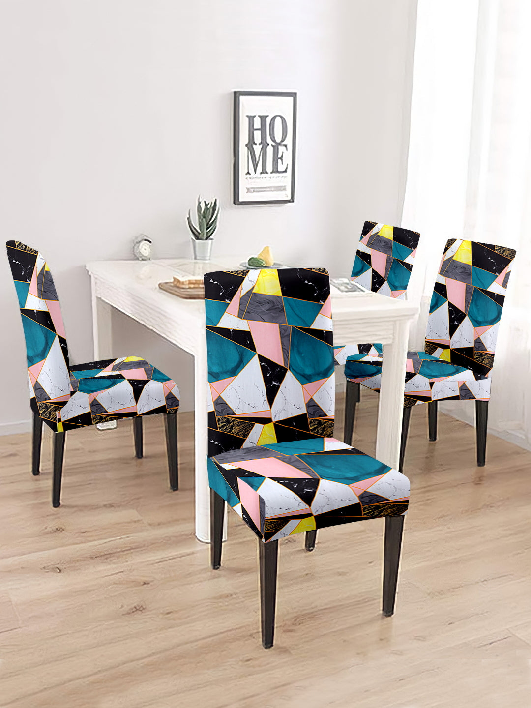 Stretchable Non Slip Dining Chair Cover Geometric Printed Set of 2 - Multicolour