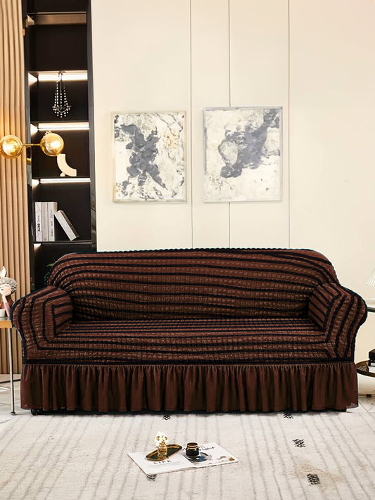 Elastic Stretchable Universal Striped Sofa Cover with Ruffle Skirt 3 Seater- Brown