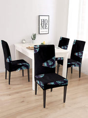 Stretchable DiningPrinted Chair Cover Set-4 Black