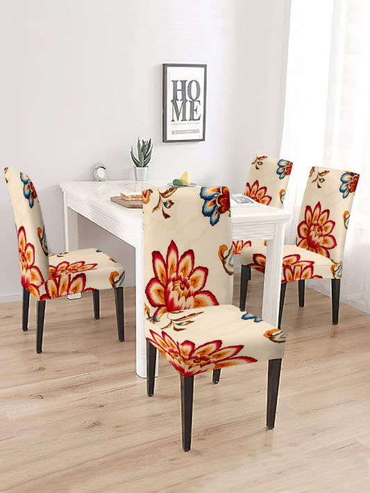 Stretchable Dining Chair Cover Floral Printed Set of 2 - Cream