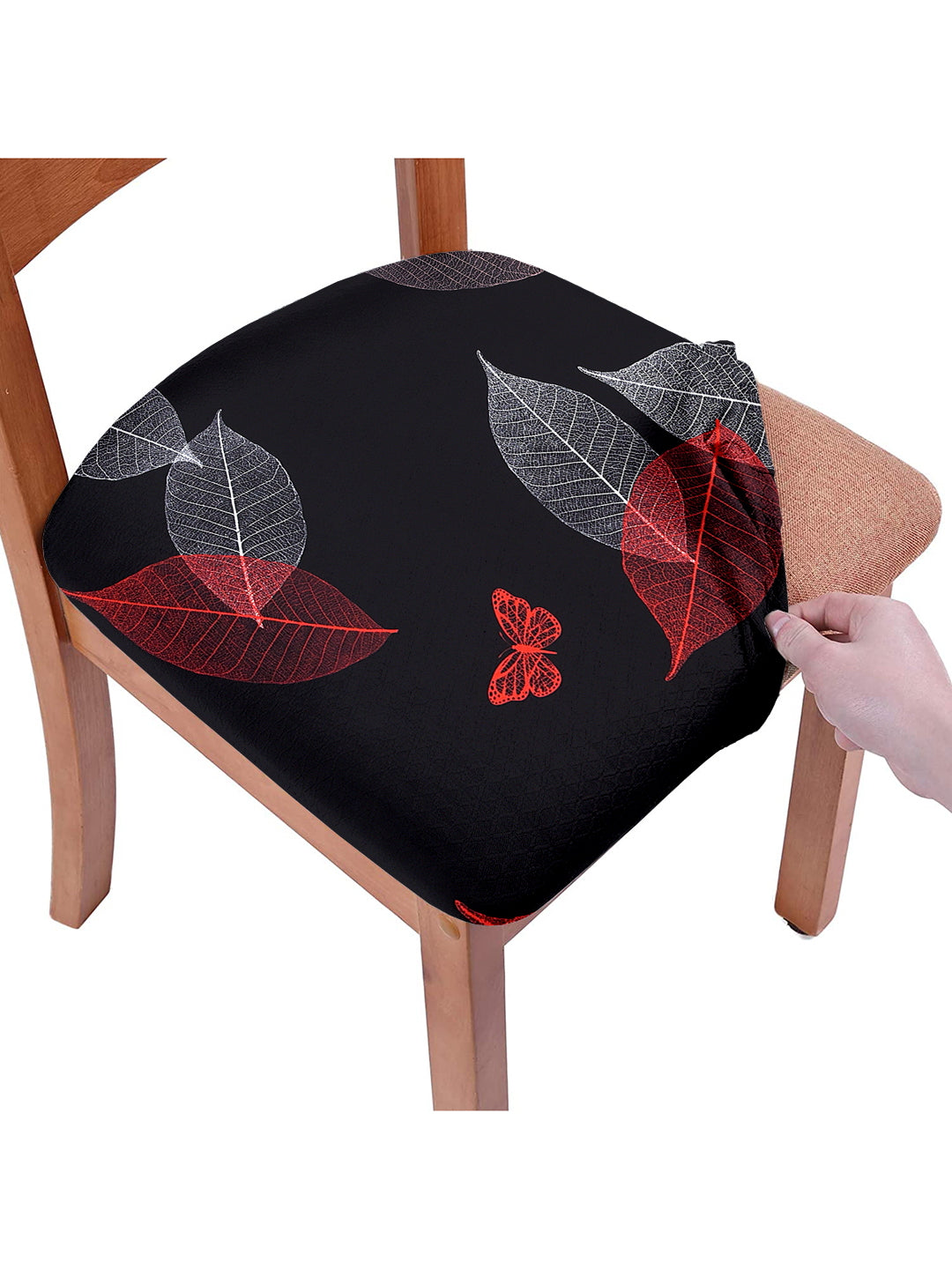Stretchable Digital Printed Non Slip Chair Pad Cover Pack of 6- Black