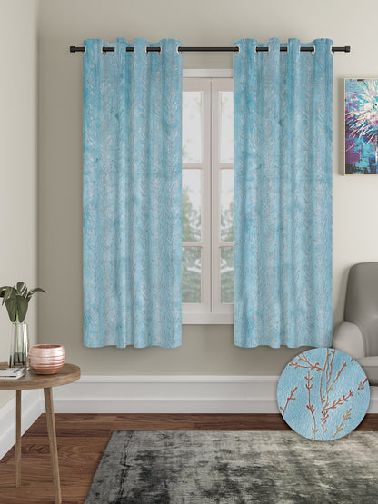 Set of 2 Velvet Foil Blackout Window Curtains with 5 Cushion Covers- Blue