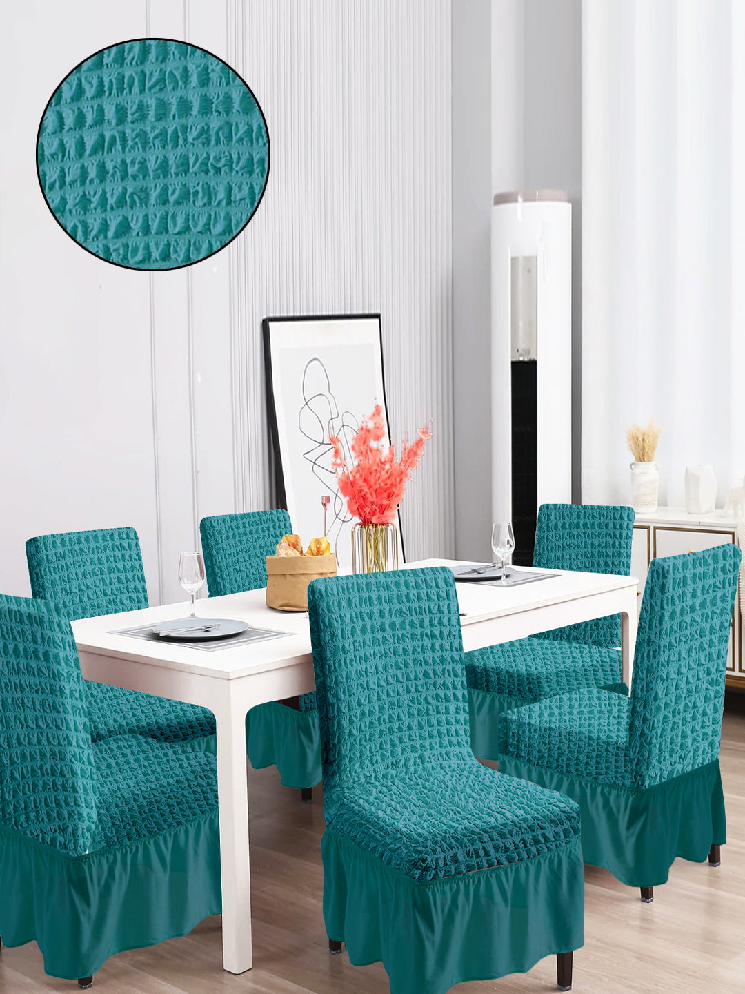 Pack of 6 Stretchable Dining Chair Cover with Frill - Teal Green