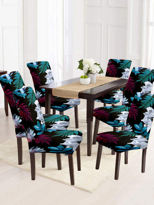 Stretchable DiningPrinted Chair Cover Set-6 Black