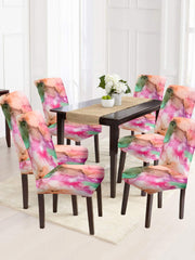 Stretchable DiningPrinted Chair Cover Set-6 Pink