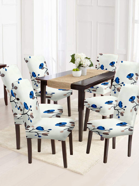 Stretchable DiningPrinted Chair Cover Set-6 White & Blue