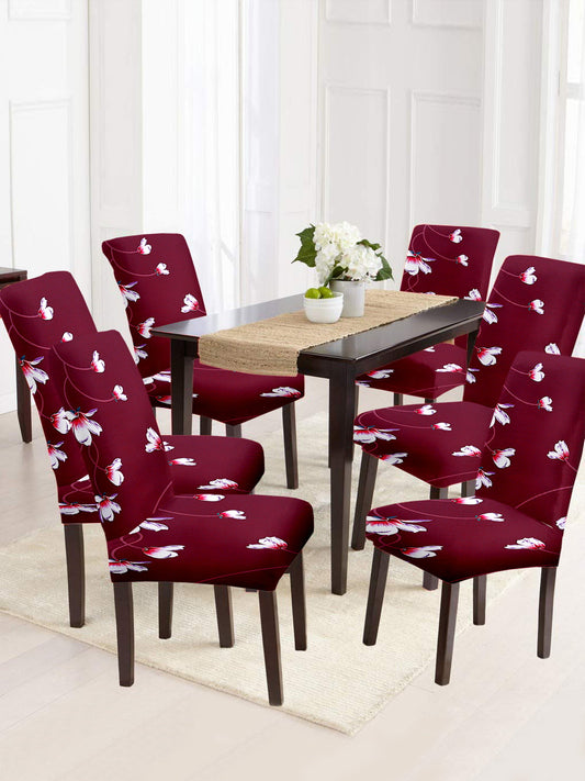 Stretchable DiningPrinted Chair Cover Set-6 Maroon