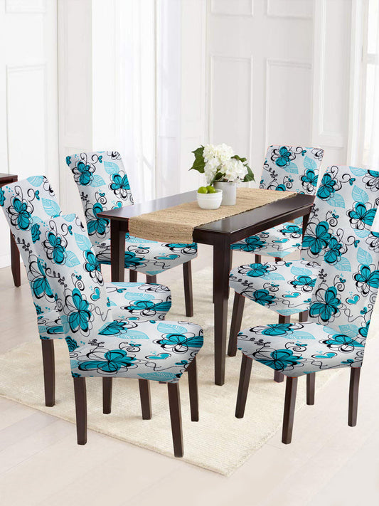 Stretchable DiningPrinted Chair Cover Set-6 Blue & White