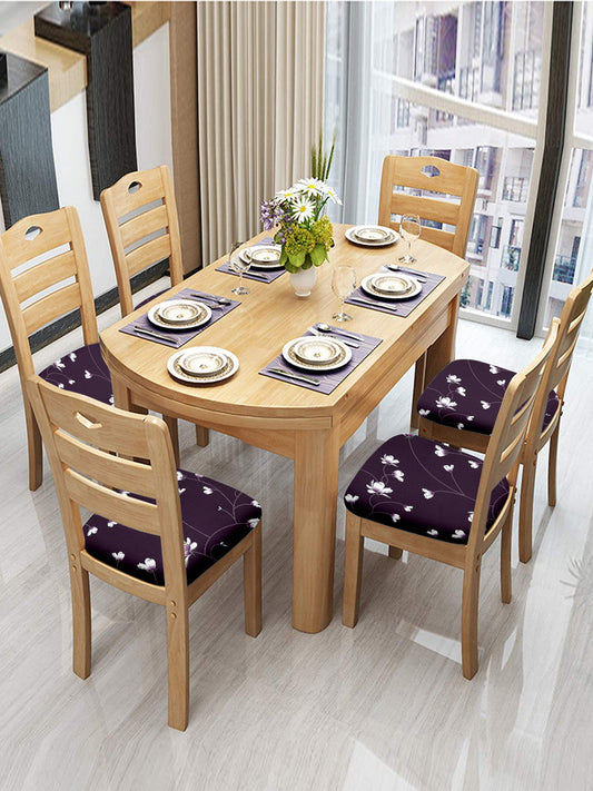 Stretchable Floral Printed Non Slip Chair Pad Cover Pack of 6- Purple